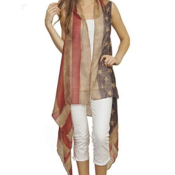 Vintage Kimono  USA AMERICAN FLAG Scarf Long - Picture 2 of 3